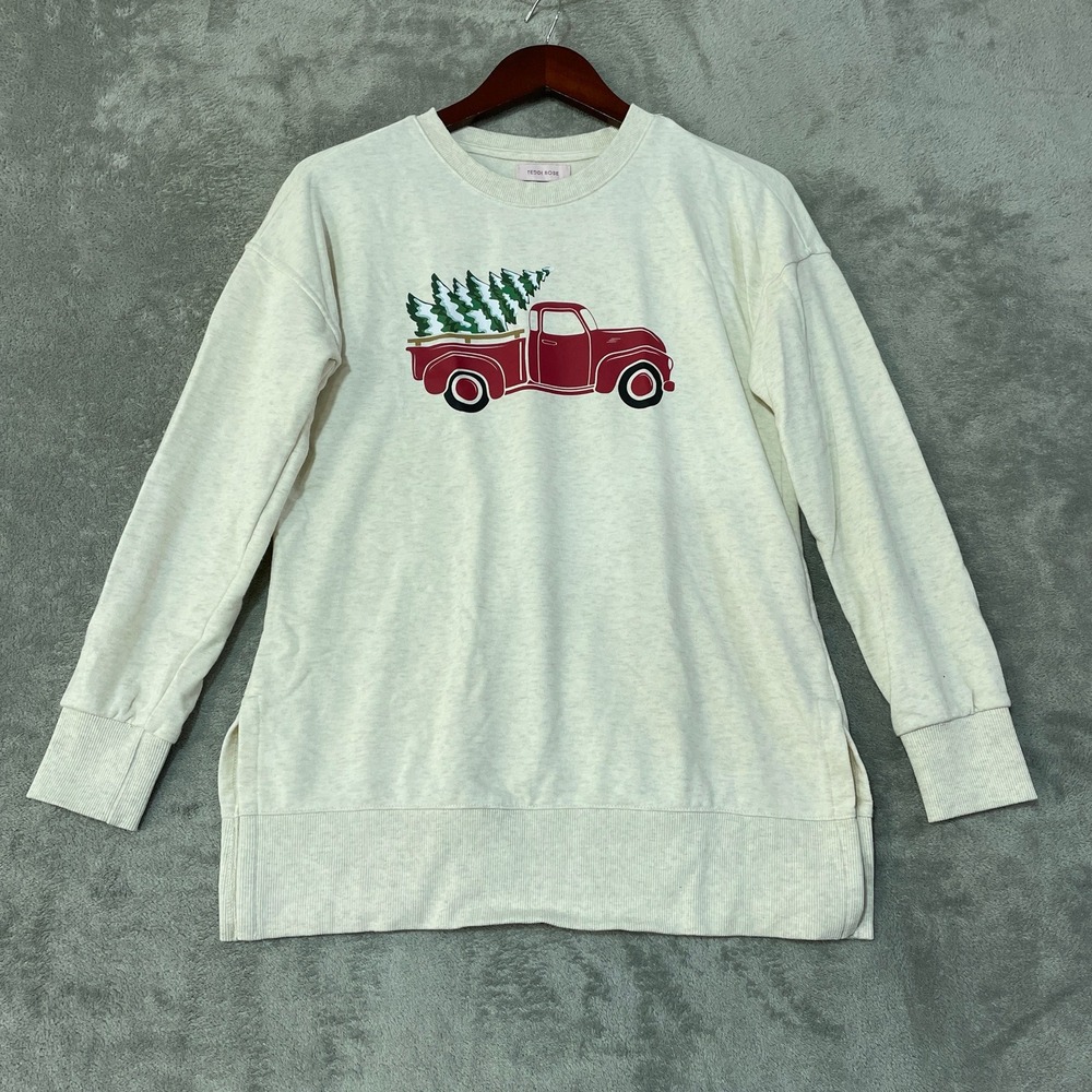 NWOT Teddi Rose Christmas Truck Sweatshirt Women's XS Cream Cotton Blend Holiday